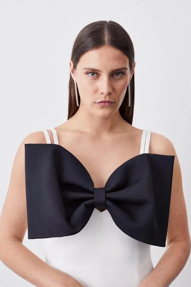 Tops Women Karen Millen Italian Structured Rib Bow Bodice Midi Pencil Dress Mono
