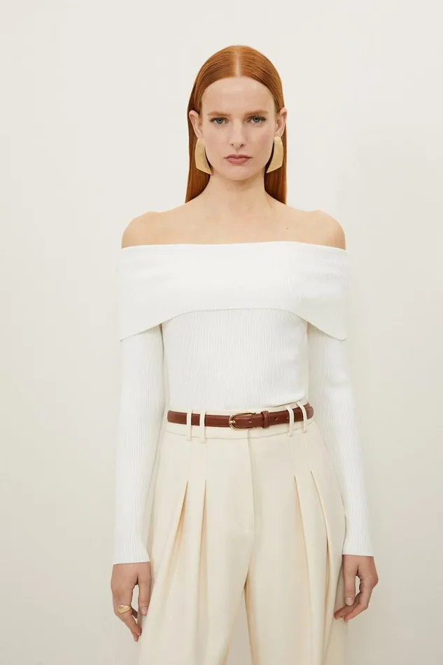 Tops Women Karen Millen Light Weight Summer Knit Ribbed Bardot Top Cream