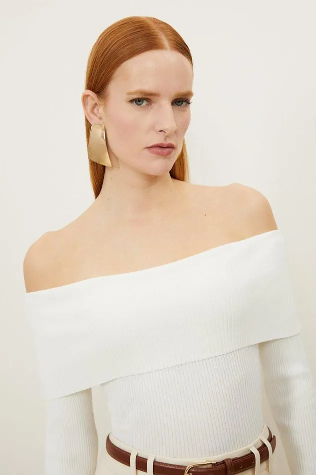 Tops Women Karen Millen Light Weight Summer Knit Ribbed Bardot Top Cream