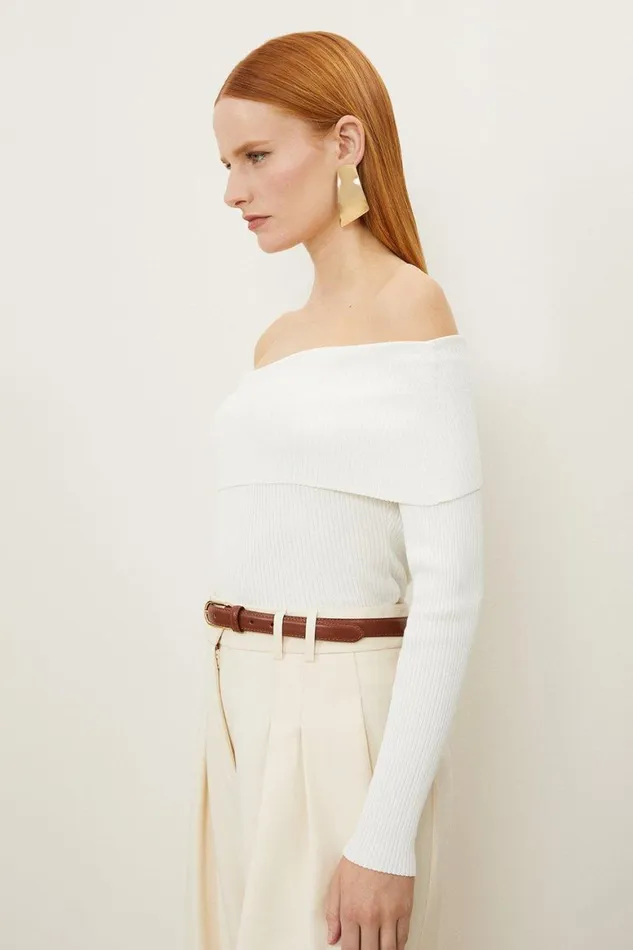 Tops Women Karen Millen Light Weight Summer Knit Ribbed Bardot Top Cream