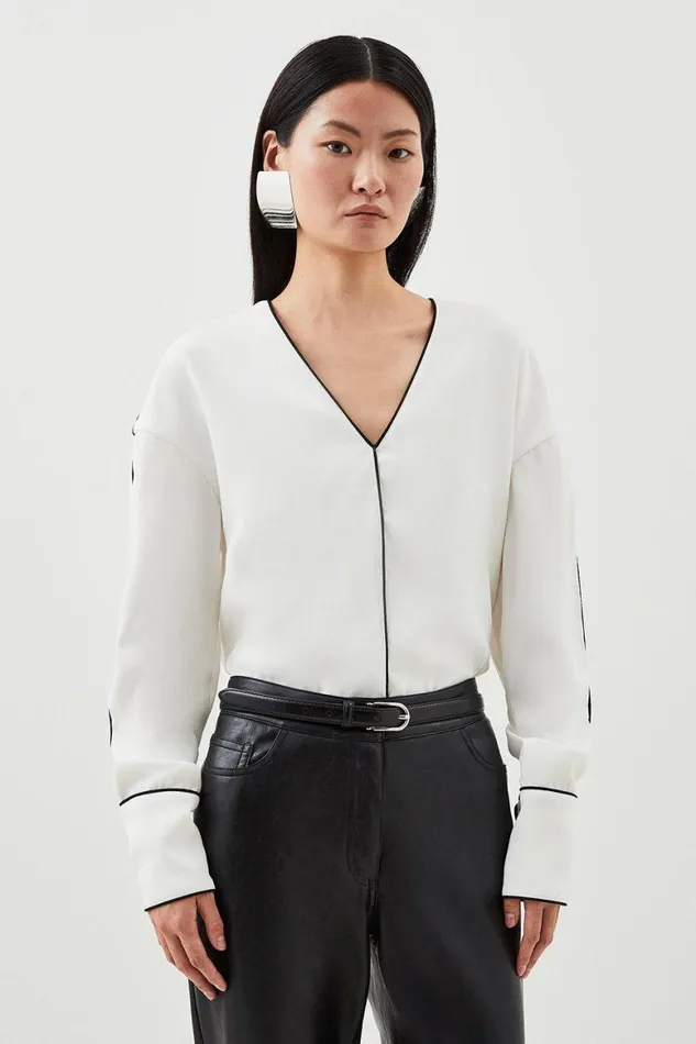 Tops Women Karen Millen Mono Satin Back Woven Crepe Contrast Blouse Ivory