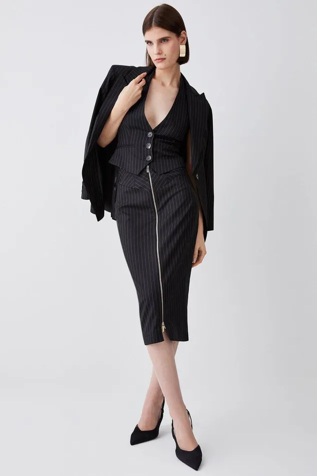 Tops Women Karen Millen Pinstripe Corset Waist Zip Front Pencil Skirt Black