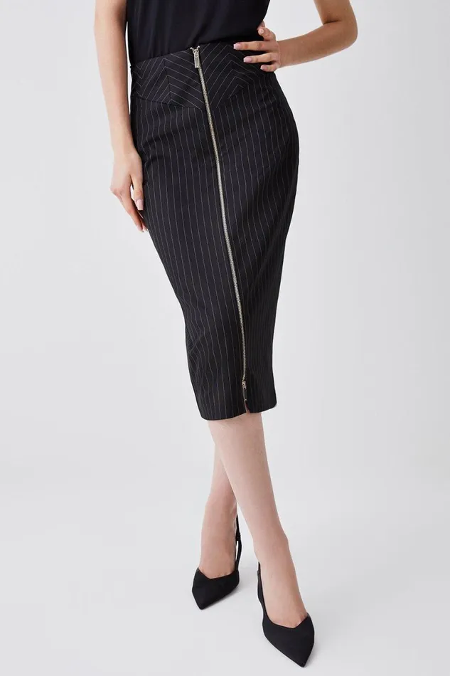 Tops Women Karen Millen Pinstripe Corset Waist Zip Front Pencil Skirt Black