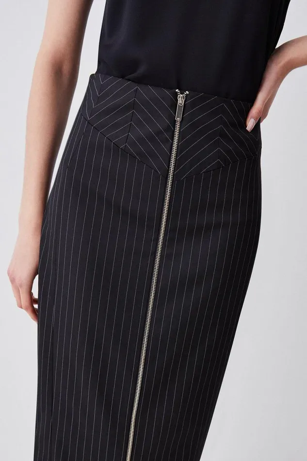Tops Women Karen Millen Pinstripe Corset Waist Zip Front Pencil Skirt Black