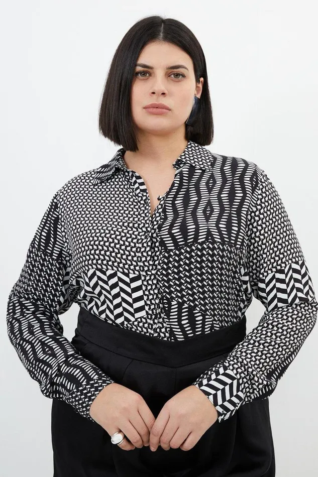 Tops Women Karen Millen Plus Size Geo Printed Morocain Woven Shirt Geo