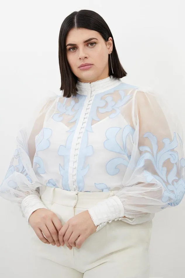 Tops Women Karen Millen Plus Size Organdie Applique Buttoned Woven Blouse Baby Blue