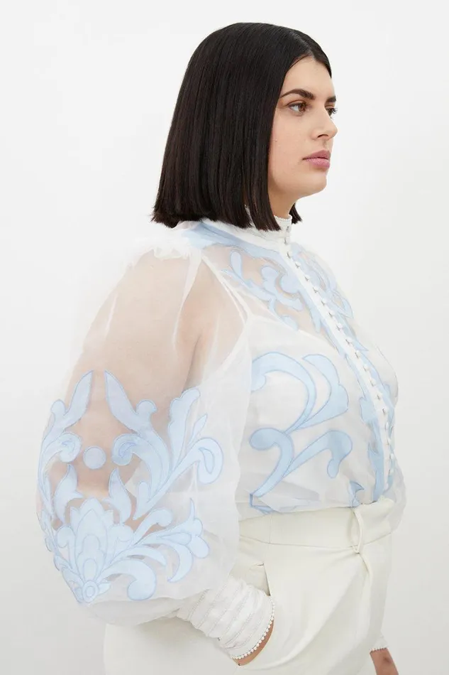 Tops Women Karen Millen Plus Size Organdie Applique Buttoned Woven Blouse Baby Blue