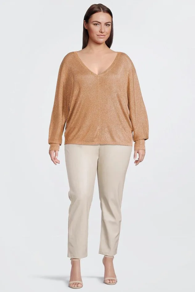 Tops Women Karen Millen Plus Size Viscose Blend Metallic Sparkle Knit V Neck Top Bronze