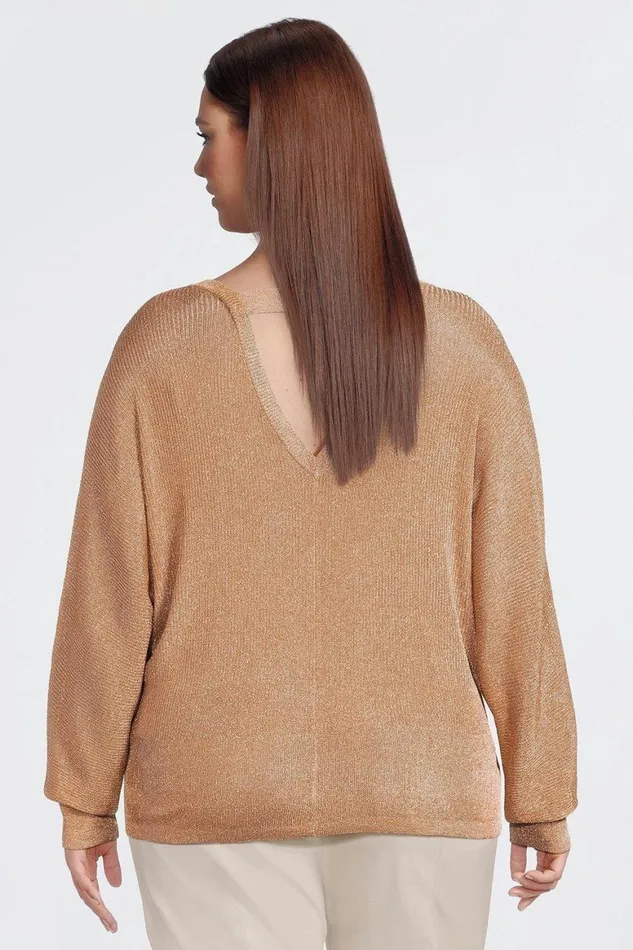 Tops Women Karen Millen Plus Size Viscose Blend Metallic Sparkle Knit V Neck Top Bronze