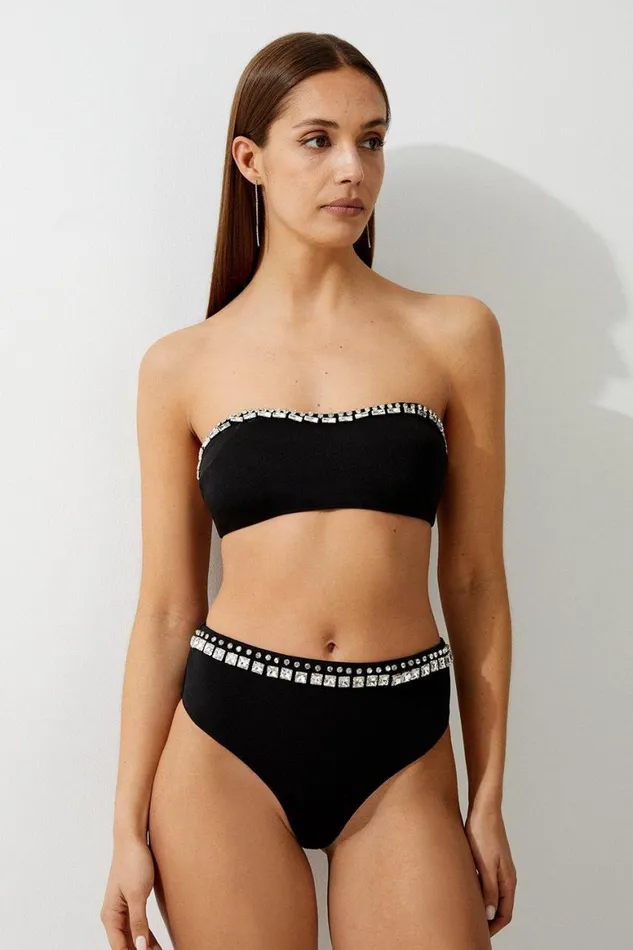 Tops Women Karen Millen Premium Embellished Bandeau Bikini Top Black