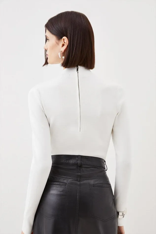 Tops Women Karen Millen Premium Viscose Blend Body Contouring Knit Bodysuit Ivory