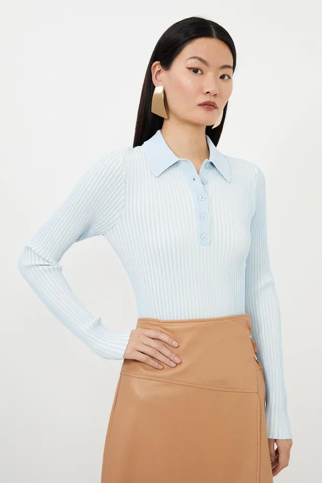 Tops Women Karen Millen Premium Viscose Blend Plaited Knit Polo Top Pale Blue