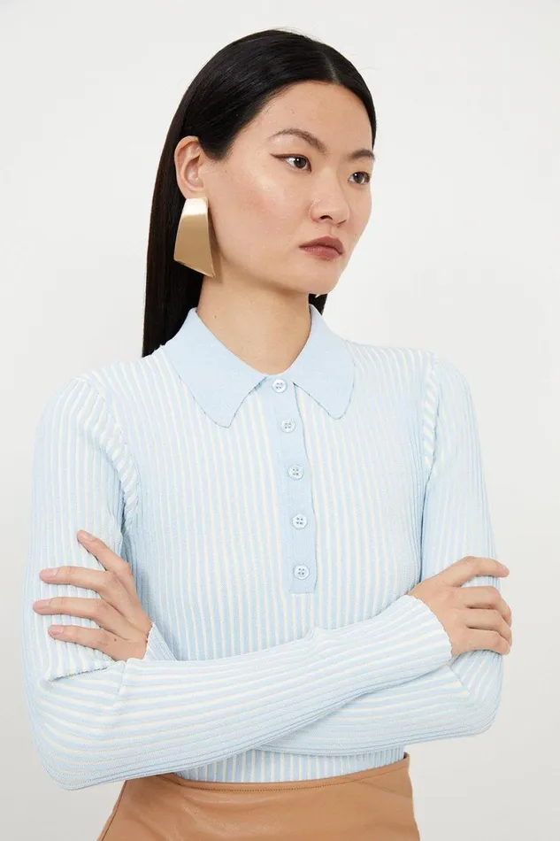 Tops Women Karen Millen Premium Viscose Blend Plaited Knit Polo Top Pale Blue