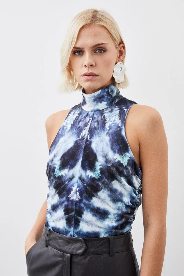 Tops Women Karen Millen Printed Velvet Stretch High Neck Bodysuit Blue