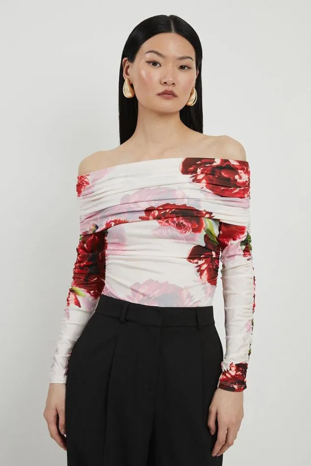 Tops Women Karen Millen Rose Print Drapey Crepe Jersey Bardot Bodysuit Floral