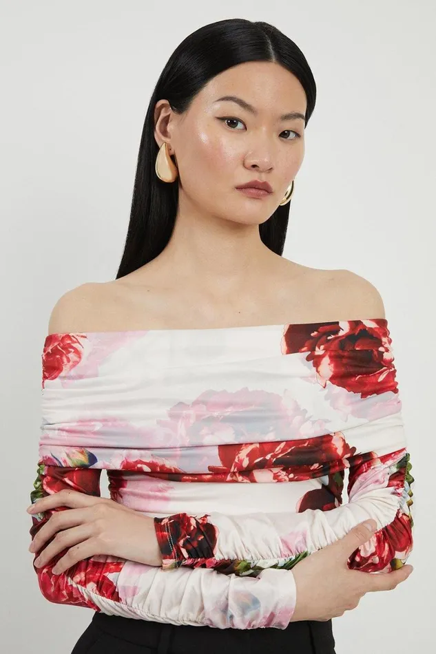 Tops Women Karen Millen Rose Print Drapey Crepe Jersey Bardot Bodysuit Floral
