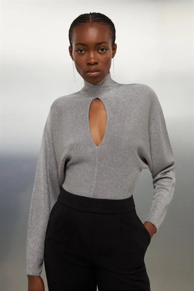 Tops Women Karen Millen Slinky Viscose Keyhole Tie Detail Knit Top Pewter