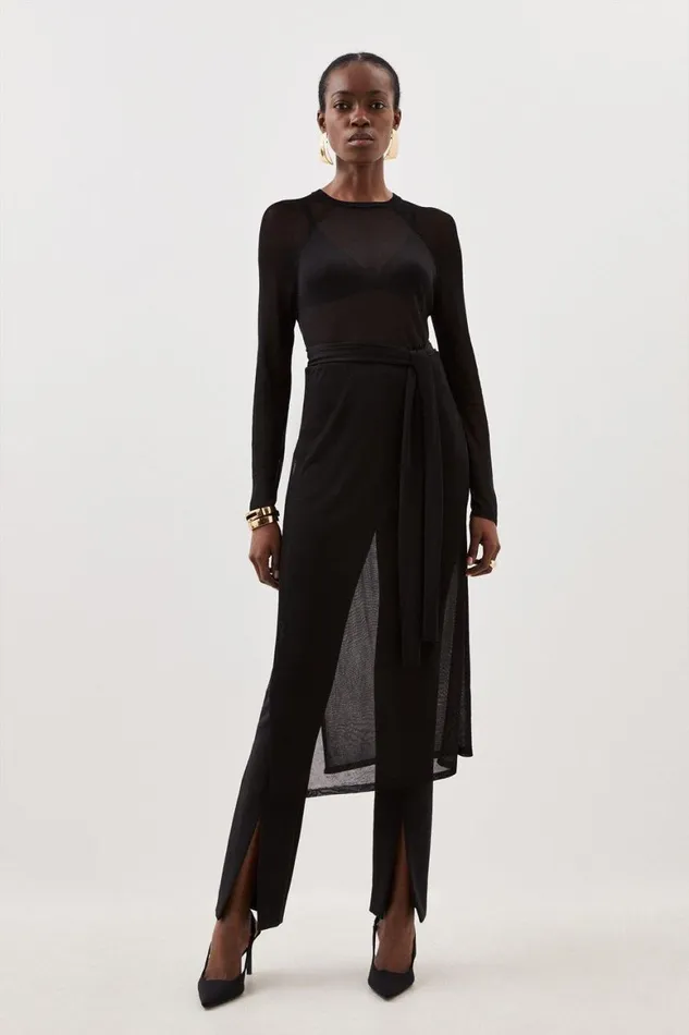Tops Women Karen Millen Slinky Viscose Sheer Tie Detail Knit Tunic Black