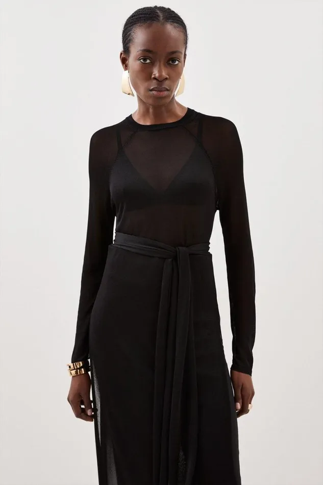 Tops Women Karen Millen Slinky Viscose Sheer Tie Detail Knit Tunic Black