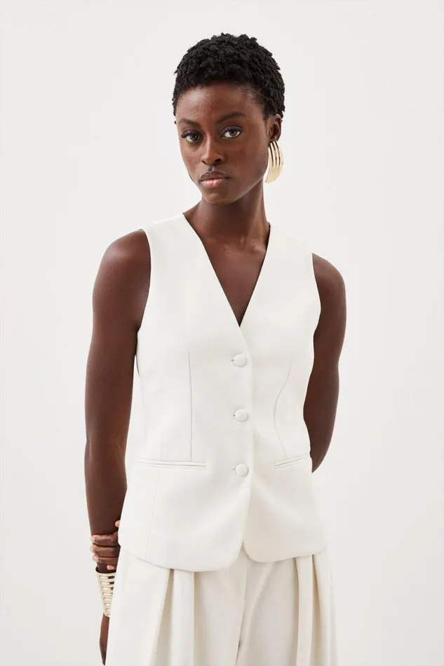 Tops Women Karen Millen Tailored Premium Twill Single Breasted Waistcoat Ivory