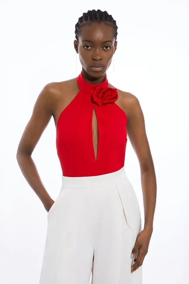 Tops Women Karen Millen Tall Rosette Ponte Jersey Keyhole Bodysuit Red
