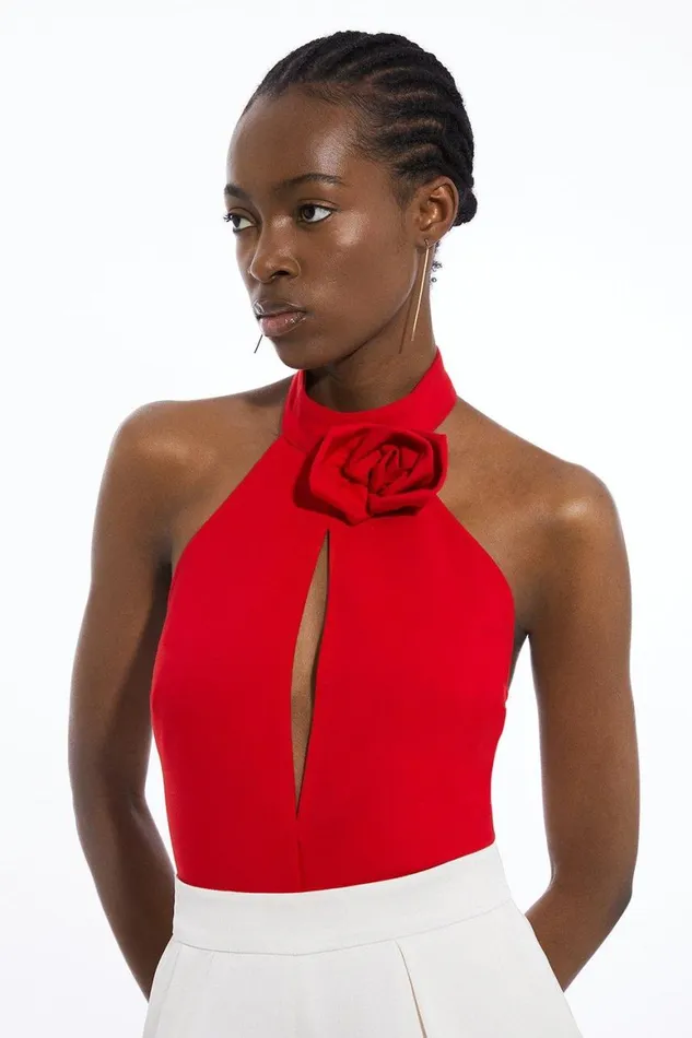 Tops Women Karen Millen Tall Rosette Ponte Jersey Keyhole Bodysuit Red
