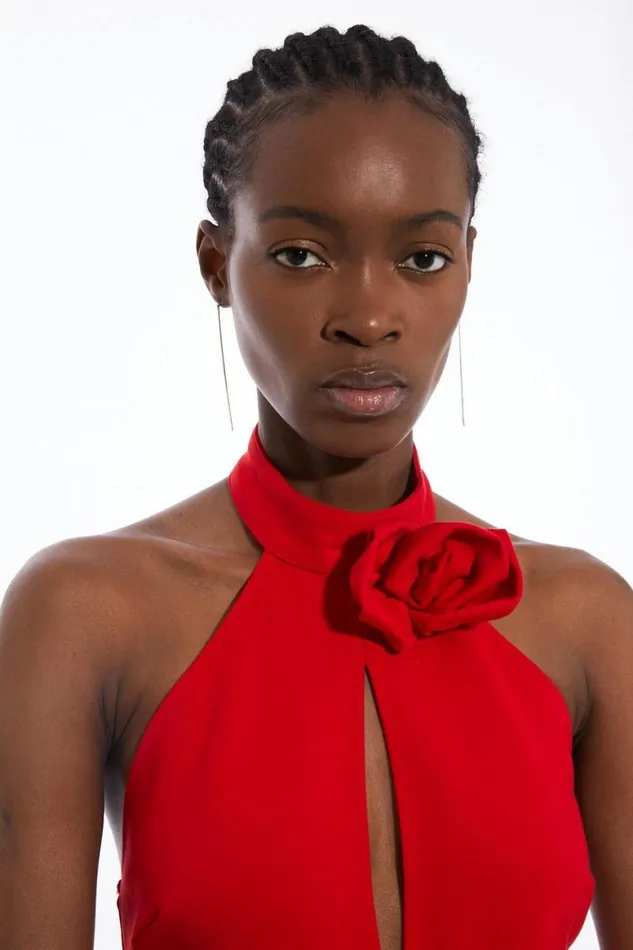Tops Women Karen Millen Tall Rosette Ponte Jersey Keyhole Bodysuit Red