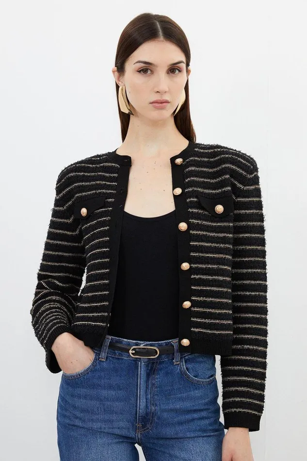 Tops Women Karen Millen Textured Military Trim Knit Jacket Black