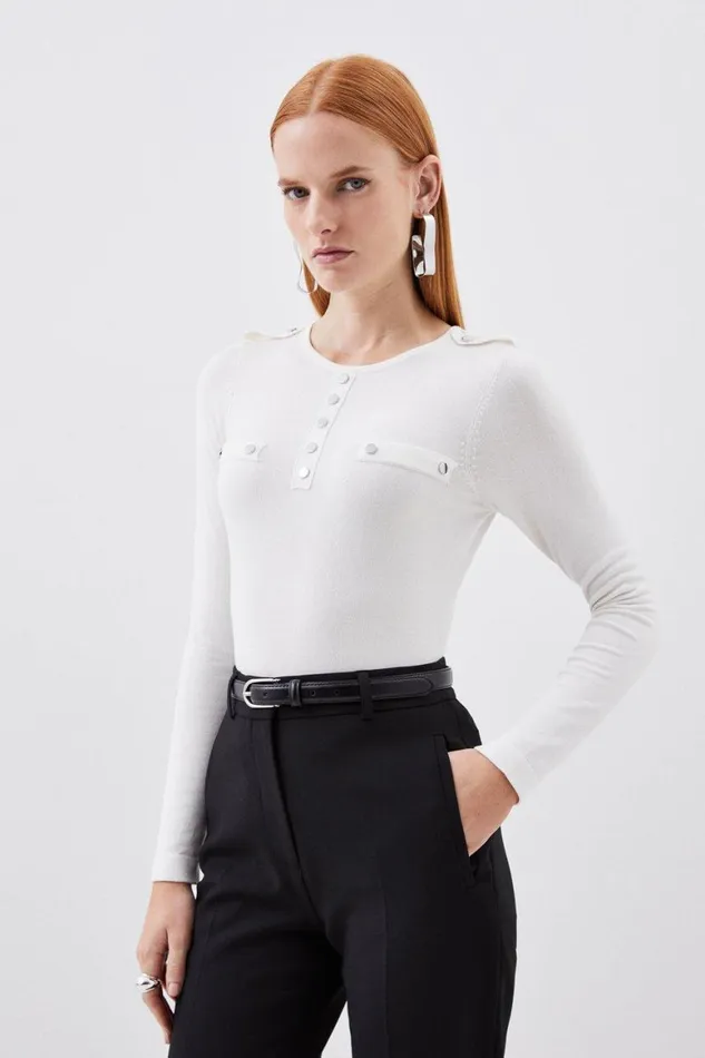 Tops Women Karen Millen Viscose Blend Knitted Button Detail Jumper Ivory
