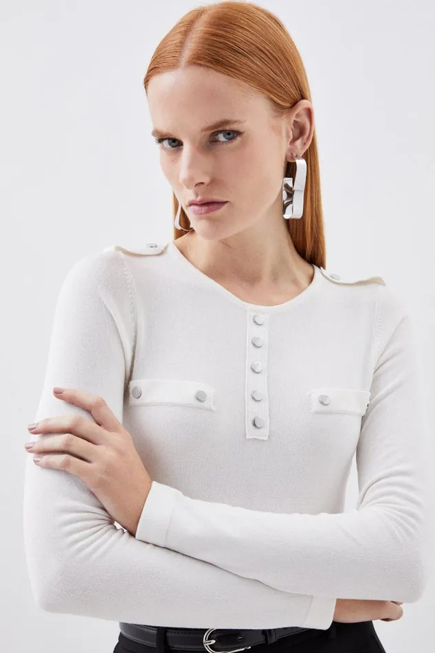 Tops Women Karen Millen Viscose Blend Knitted Button Detail Jumper Ivory