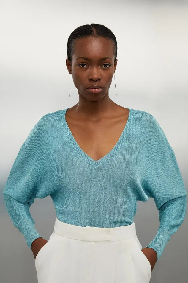 Tops Women Karen Millen Viscose Blend Metallic Sparkle Knit V Neck Top Blue