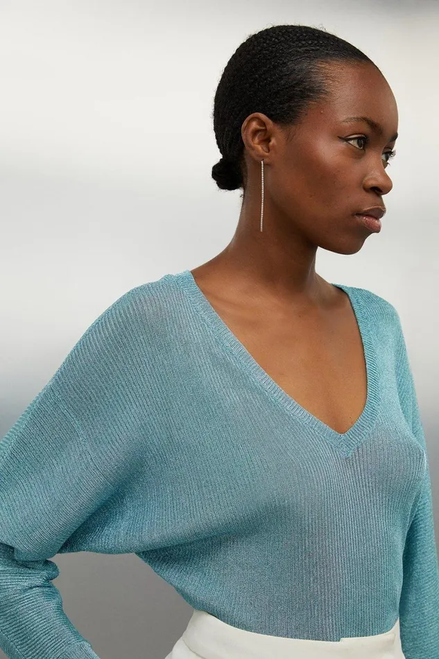 Tops Women Karen Millen Viscose Blend Metallic Sparkle Knit V Neck Top Blue