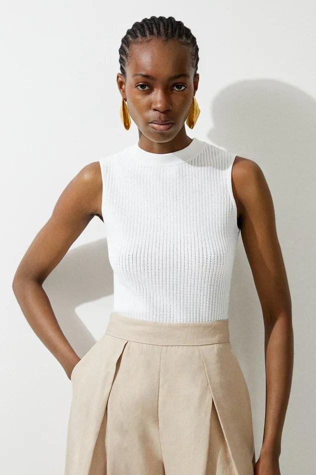 Tops Women Karen Millen Viscose Blend Pointelle Knit Racer Top Ivory