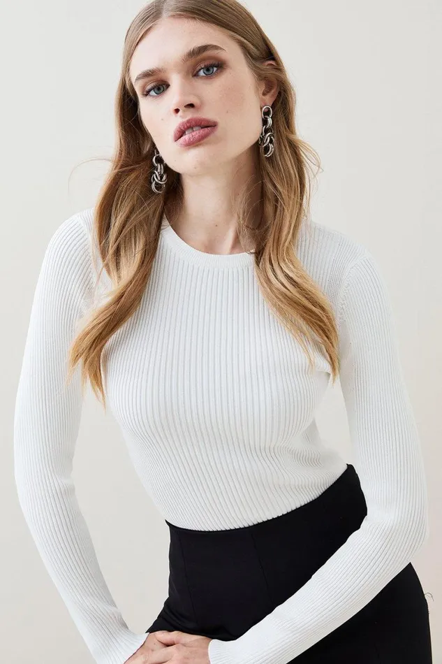 Tops Women Karen Millen Viscose Blend Rib Crew Neck Knit Jumper Ivory