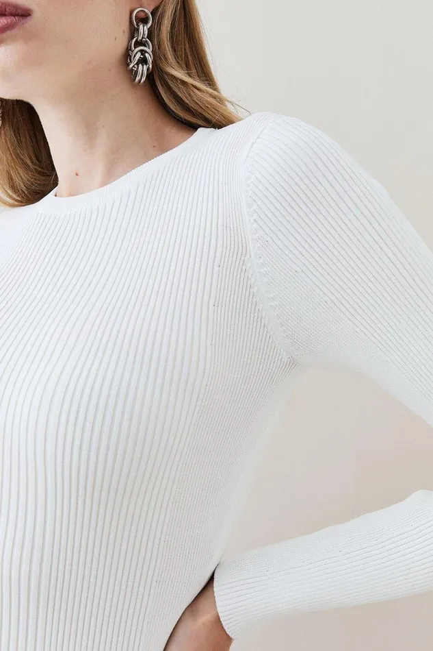Tops Women Karen Millen Viscose Blend Rib Crew Neck Knit Jumper Ivory