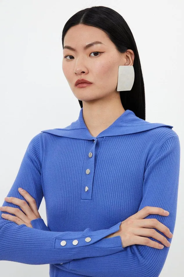 Tops Women Karen Millen Viscose Blend Trimmed Collared Knit Top Blue