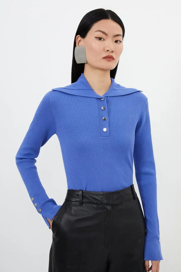 Tops Women Karen Millen Viscose Blend Trimmed Collared Knit Top Blue
