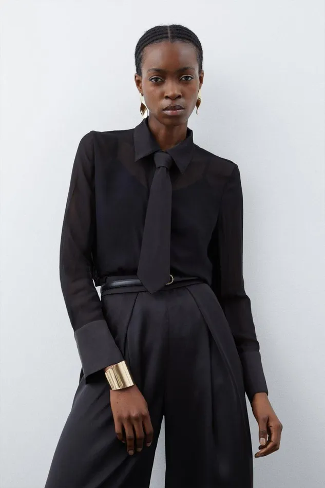 Tops Women Karen Millen Viscose Georgette Sheer Woven Tie Detail Shirt Black