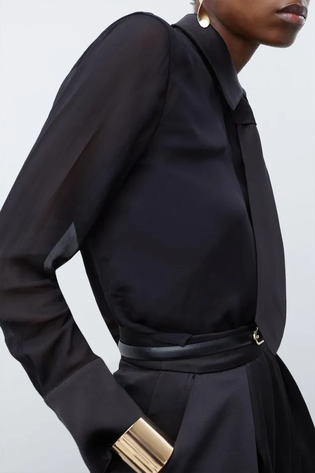 Tops Women Karen Millen Viscose Georgette Sheer Woven Tie Detail Shirt Black