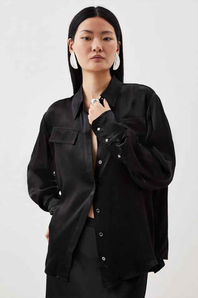 Tops Women Karen Millen Viscose Satin Woven Blouse Black