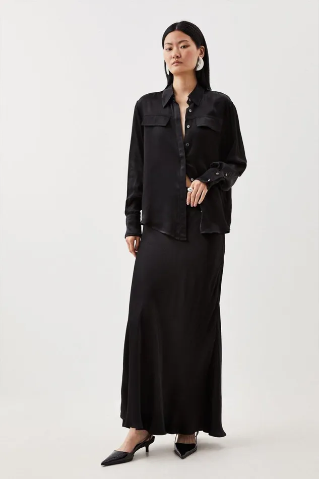 Tops Women Karen Millen Viscose Satin Woven Blouse Black