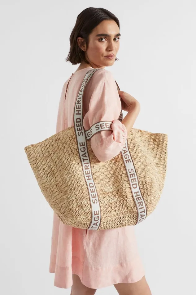 Tote Bags Woman Seed Heritage Monochrome Logo Raffia Tote Natural