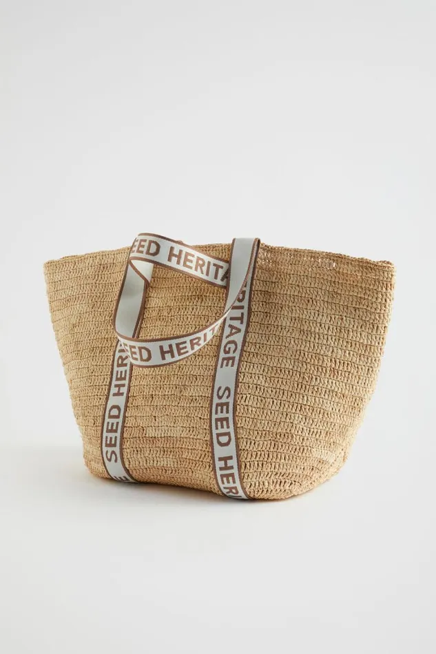Tote Bags Woman Seed Heritage Monochrome Logo Raffia Tote Natural