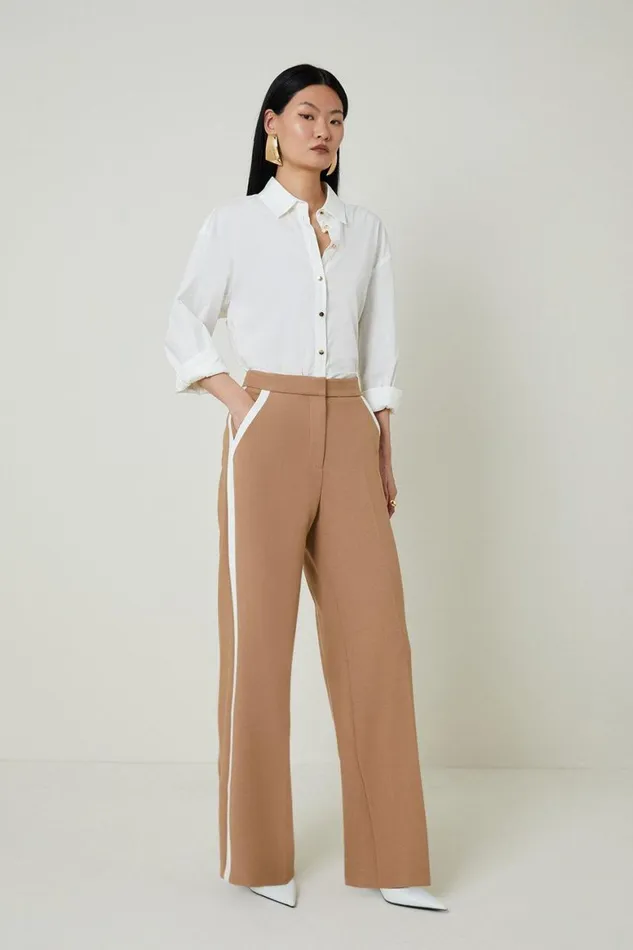 Trousers Women Karen Millen Compact Stretch Contrast Panel Wide Leg Tailored Trousers Camel