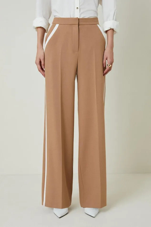 Trousers Women Karen Millen Compact Stretch Contrast Panel Wide Leg Tailored Trousers Camel