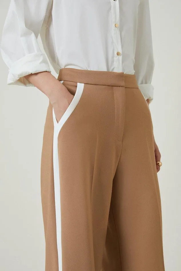 Trousers Women Karen Millen Compact Stretch Contrast Panel Wide Leg Tailored Trousers Camel