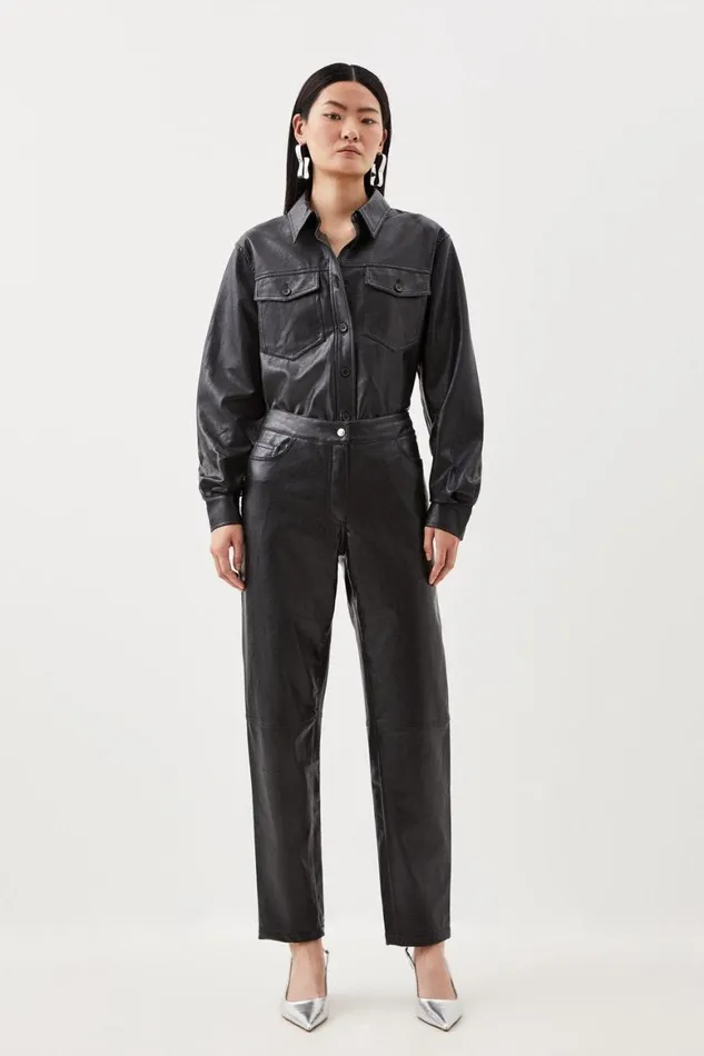 Trousers Women Karen Millen Faux Leather 5 Pocket Western Straight Leg Trousers Black