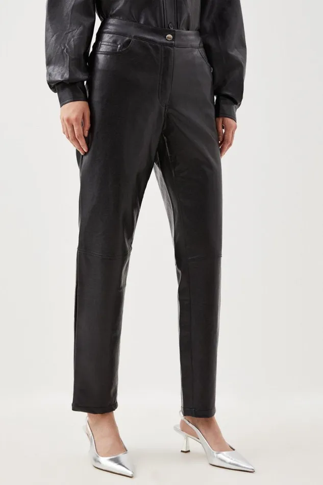 Trousers Women Karen Millen Faux Leather 5 Pocket Western Straight Leg Trousers Black