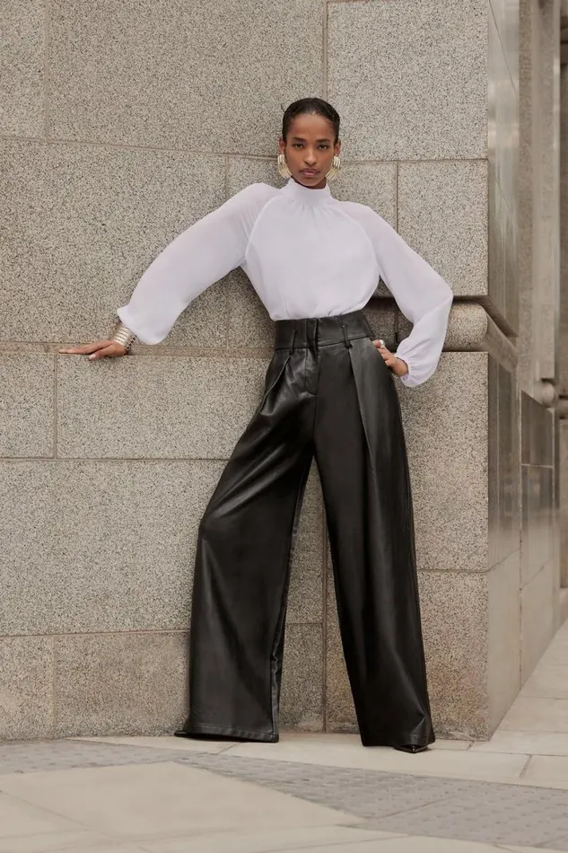 Trousers Women Karen Millen Faux Leather High Waisted Wide Leg Trousers Black
