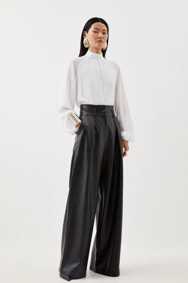 Trousers Women Karen Millen Faux Leather High Waisted Wide Leg Trousers Black